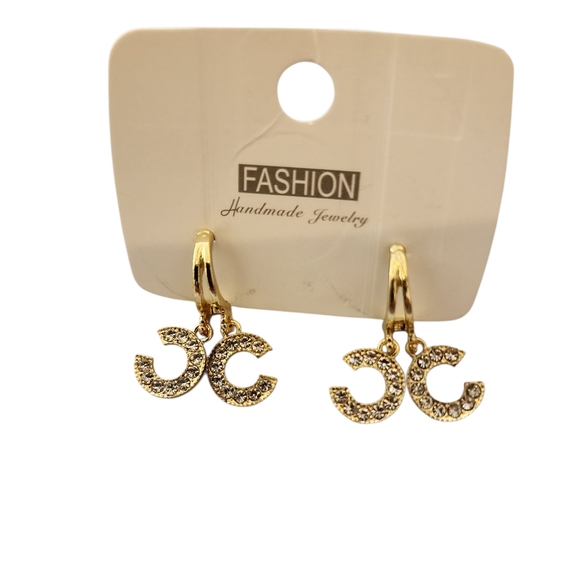 Gold Double C Earrings with Rinestone Accents - Picture 2 of 3